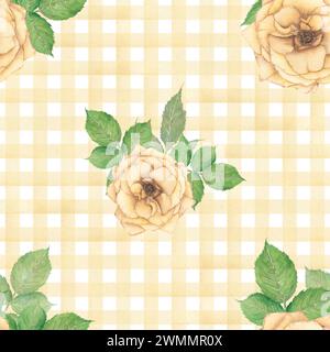 Seamless pattern with watercolor roses and yellow stripes. Orange and yellow roses, leaves, yellow stripes, checkered pattern on a white background. F Stock Photo