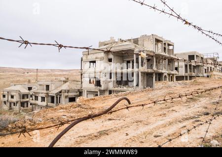 Syria, Ma'lula; Maaloula, Ruins of Safir Hotel bombed out in civil war Stock Photo