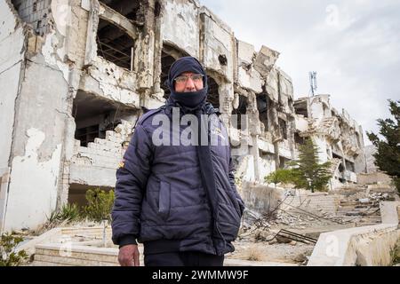 Syria, Ma'lula; Maaloula, Ruins of Safir Hotel bombed out in civil war Stock Photo