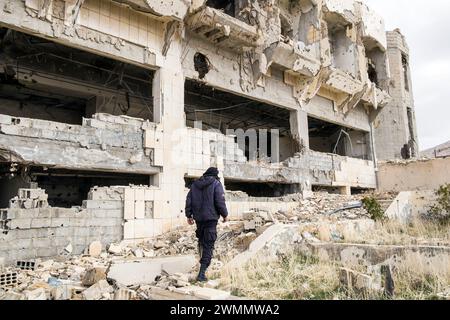 Syria, Ma'lula; Maaloula, Ruins of Safir Hotel bombed out in civil war Stock Photo