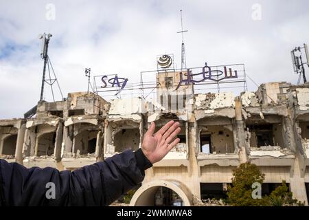 Syria, Ma'lula; Maaloula, Ruins of Safir Hotel bombed out in civil war Stock Photo