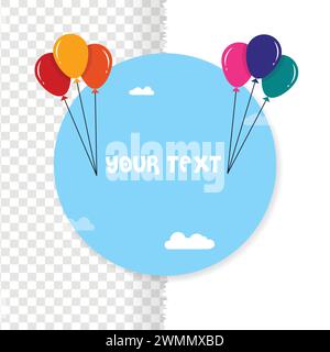 Your text badge with flat colourful balloons in cartoon style, flying balloon with rope isolated on white background Stock Vector