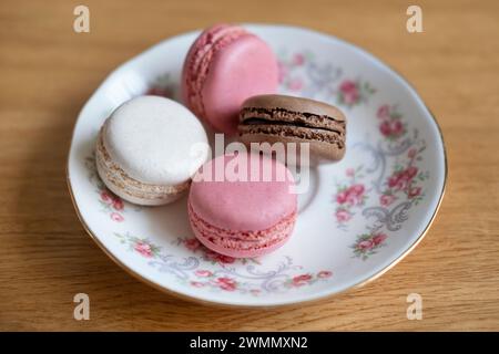 Four delicate macaroons placed on a porcelain plate, confectionery popular for the light texture, selection of fruity flavored petite dessert Stock Photo