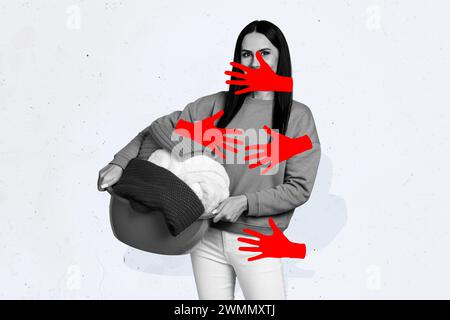 Collage banner illustration of young woman volunteer holding free clothing for poverty jobless people isolated on grey color background Stock Photo