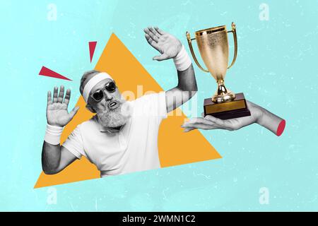 Photo collage picture senior pensioner won golden cup award prize shocked amazed impressed feeling receive competition winner Stock Photo