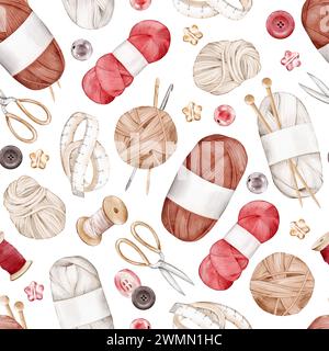 Watercolor seamless pattern with knitting accessories: skeins of yarn, balls of wool, crochet, knitting needles, scissors, buttons, bisser. Isolated o Stock Photo