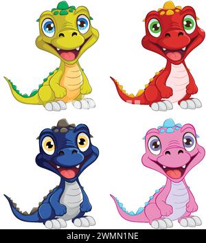Four cute baby dinosaurs smiling cheerfully. Stock Vector