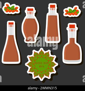 Illustration on theme big set different types liquid oil, bottle various size, collection meal oil for organic health beverage in bottle, oil in exclu Stock Vector