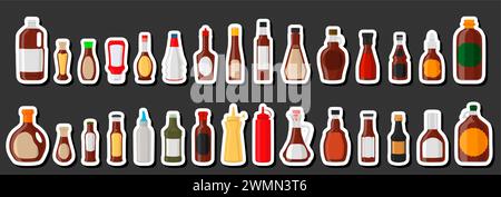 Illustration on theme kit varied glass bottles filled liquid sauce chipotle, bottles consisting from chipotle sauce, empty labels for titles, chipotle Stock Vector