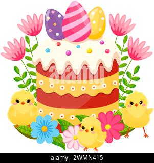 Easter cake with eggs flowers and chickens. Traditional symbols of Happy Easter celebration. Background for poster, postcard, banner. Vector illustrat Stock Vector