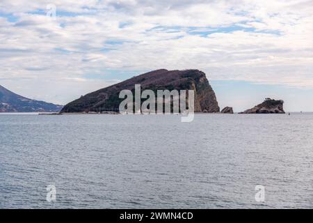 Budva, Montenegro - 13 FEB 2024: St. Nicholas or Sveti Nikola Island located in the Adriatic Sea near Budva, Montenegro. Stock Photo