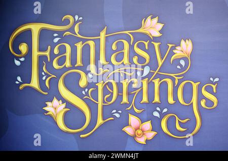 Urayasu, Japan. 27th Feb, 2024. Tokyo Disney Resort displays a logo of the DisneySea's new area 'Fantasy Springs' in Urayasu, suburban Tokyo on Tuesday, February 27, 2024, 100 days before of the opening of the new facilities. The Fantasy Springs has three attractions of Frozen Kingdom, Rapunzel's Forest, Peter Pan's Never Land and a luxury hotel Fantasy Springs Hotel. Credit: Aflo Co. Ltd./Alamy Live News Stock Photo