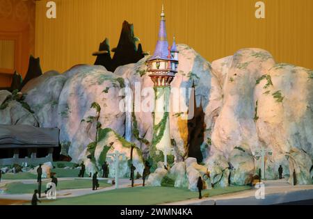 Urayasu, Japan. 27th Feb, 2024. Tokyo Disney Resort displays a scale model of the DisneySea's new area 'Fantasy Springs' in Urayasu, suburban Tokyo on Tuesday, February 27, 2024, 100 days before of the opening of the new facilities. The Fantasy Springs has three attractions of Frozen Kingdom, Rapunzel's Forest, Peter Pan's Never Land and a luxury hotel Fantasy Springs Hotel. Credit: Aflo Co. Ltd./Alamy Live News Stock Photo