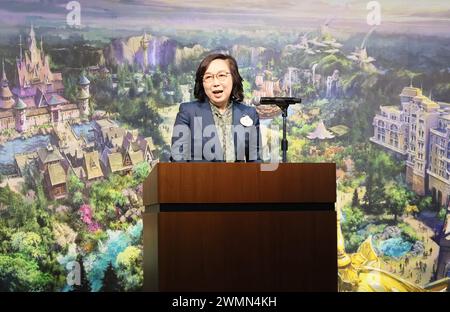 Urayasu, Japan. 27th Feb, 2024. Tokyo Disney Resort operator Oriental Land chairwoman and CEO Yumiko Takano announces overview of the DisneySea's new area 'Fantasy Springs' in Urayasu, suburban Tokyo on Tuesday, February 27, 2024, 100 days before of the opening of the new facilities. The Fantasy Springs has three attractions of Frozen Kingdom, Rapunzel's Forest, Peter Pan's Never Land and a luxury hotel Fantasy Springs Hotel. Credit: Aflo Co. Ltd./Alamy Live News Stock Photo