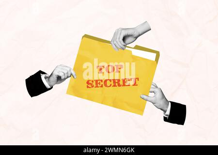 Composite image collage sketch photo artwork of three hands want snatch secret files folder use interests different parties isolated on paper Stock Photo