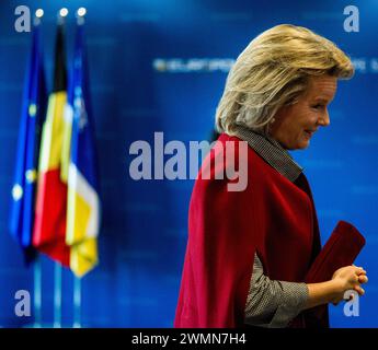 The Hague, Netherlands. 27th Feb, 2024. Queen Mathilde of Belgium pictured during a royal visit to the Europol headquarters in The Hague, the Netherlands, Tuesday 27 February 2024. Europol is the European police agency tasked with helping the Member States of the European Union to prevent and combat all forms of serious organised and international crime, cybercrime and terrorism. Credit: Belga News Agency/Alamy Live News Stock Photo