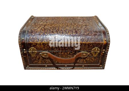 old treasure chest isolated on white. classic and anique wooden box. Stock Photo