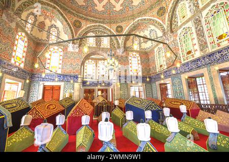 Istanbul, Turkey - Aug 1, 2023: graveyard tombs inside Hagia Sophia Burial chambers of Ottoman Sultans in Istanbul's museum, adorned with calligraphy Stock Photo