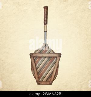 Retro styled image of a vintage wooden tennis racket with colorful striped sleeve and rack Stock Photo