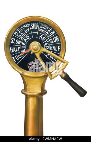 Ancient Engine Room Telegraph with black control panel isolated on a white background Stock Photo