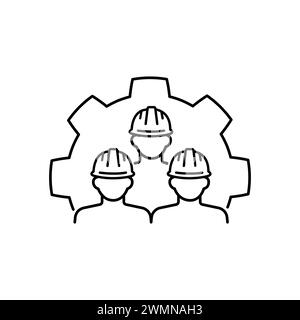 Construction management concept with icon. Architect, technician collaboration icon. team, gear, work, engineer, line, stroke. Vector illustration Des Stock Vector