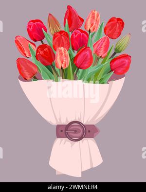 Bouquet of red tulips in powder paper with a strap on a lilac background Stock Vector