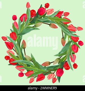 Wreath, frame of red tulips on a green background Stock Vector