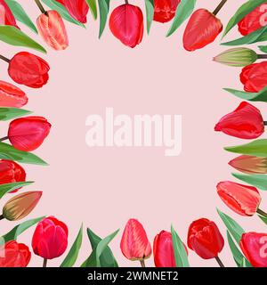 Square frame of red tulips on a pink background Stock Vector