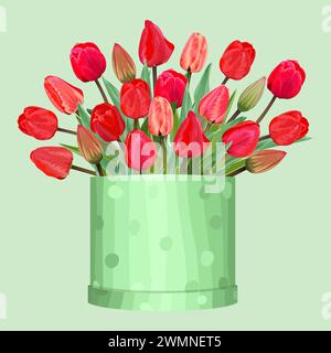 Bouquet of red tulips in a gift box on a green background Stock Vector