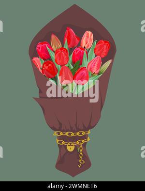 A bouquet of red tulips in brown paper with a gold chain, lock and key on a dark green background Stock Vector