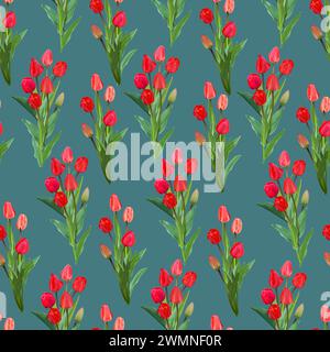 Seamless pattern with bouquets of red tulips on a blue background Stock Vector