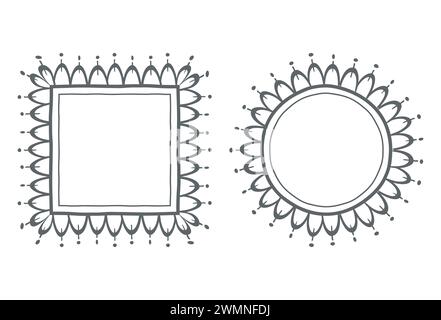 Frames outline set. Hand drawn decorative doodle ornament, ink brush stroke, wavy line borders collection. Circle, square shapes. Vector Stock Vector