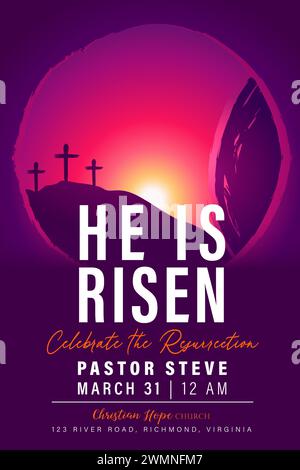 He is risen, Easter Sunday church flyer design with Calvary, three crosses and open tomb. This template is perfect for an church event or festival Stock Vector