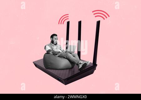 Full length body size creative collage of serious busy freelancer man pass deadlines online work fast 5g wifi router isolated on pink color background Stock Photo