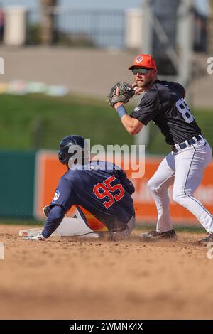 Lakeland FL USA; Detroit Tigers shortstop Gage Workman (27) gets the out of Houston Astros right fielder Luis Baez at second and throws to first for t Stock Photo