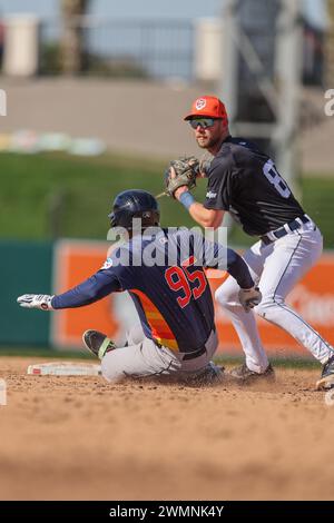 Lakeland FL USA; Detroit Tigers shortstop Gage Workman (27) gets the out of Houston Astros right fielder Luis Baez at second and throws to first for t Stock Photo