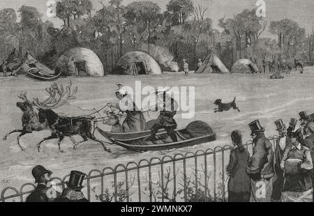 France, Paris. Universal Exhibition of 1878. It was held from May 1 to November 10, 1878). The Lapps of the Acclimatization Garden of the Bois de Boulogne guiding reindeer sledges. Engraving by Ovejero. La Ilustración Española y Americana (The Spanish and American Illustration), 1878. Stock Photo