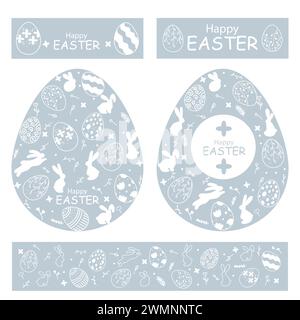 Set of templates for decorating Easter eggs.Happy Easter Seamless Easter pattern on blue background Stock Vector