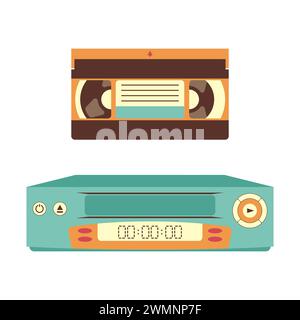 VCR and video cassettes. Technologies of the 90s. Vector illustration in retro style. Stock Vector