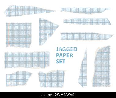 Torn ripped notebook papers, Cut sheets with square grid, cutout collage piece. Realistic blank gridded white cardboard. Vector illustration of Stock Vector