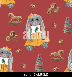 Cute funny little baby bunny toy. Seamless pattern. Watercolor hand drawn illustration. Funny happy bunny, kids, baby, childish character, seamless pa Stock Photo