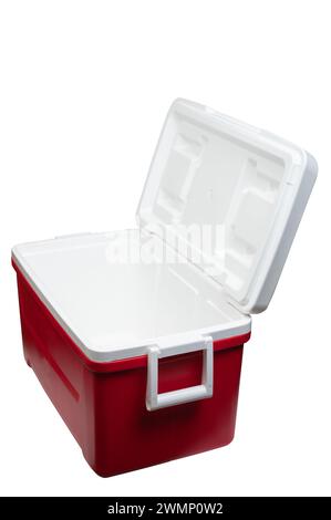 Plastic open fridge for beverage  perspective view isolated Stock Photo