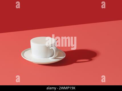 Milk overflow cup, minimalist on a pink table. Cup of milk in bright light isolated on vibrant background Stock Photo