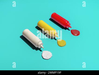 Plastic bottles of various sauces in bright light on a blue table. Bottles of ketchup, mustard and mayo on a blue background Stock Photo