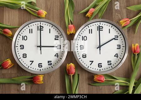 For right-to-left readers: Two clocks, one showing two o'clock, the other showing three o'clock. Tulips lie around. Time change symbol. Daylight savin Stock Photo