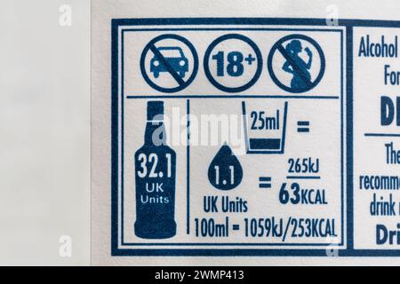 symbols detail on bottle of Talisker Skye single malt Scotch Whisky, including alcohol units Stock Photo