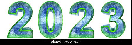 Concept or conceptual 2023 year made of  green and blue ice font isolated on white background. An abstract 3D illustration as a  metaphor for future Stock Photo