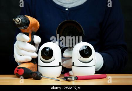 CCTV installation concepts, CCTV installation services, IP cameras Stock Photo
