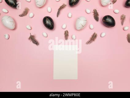 Top view of easter eggs, feathers, white card on pink background. Creative easter composition, spring, flat lay, copy space. Stock Photo