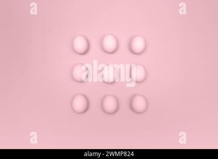 Top view of nine pink eggs on pink background. Creative easter composition, flat lay, copy space. Spring, modern and minimalist. Stock Photo